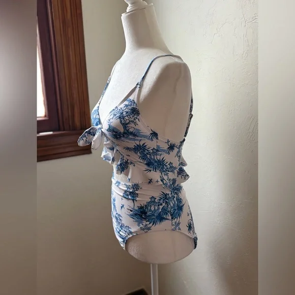 Lands’ End Blue White Toile Cutout One Piece Swimsuit Tie Front XS 2-4 - Picture 5 of 10